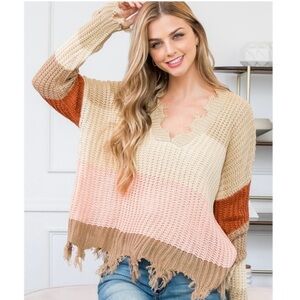 MIRACLE Color Block Frayed V Neck Sweater  NWT